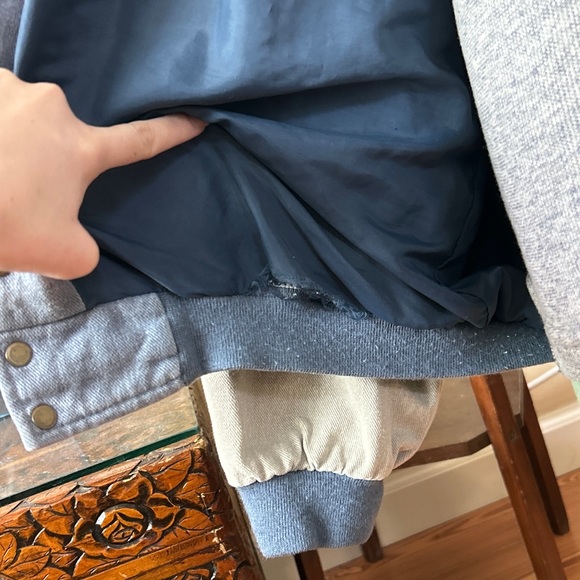 Vintage 90s Denim Bomber Racing Varsity Jacket Beige Sleeves Snap Buttons Retro - Picture 9 of 13